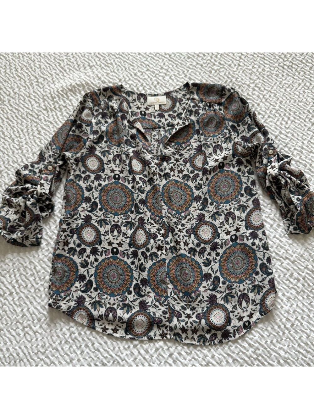 Paisley Print Split V-Neck, 3/4 Sleeve Blouse, Multicolor, Size Small - Picture 1 of 8